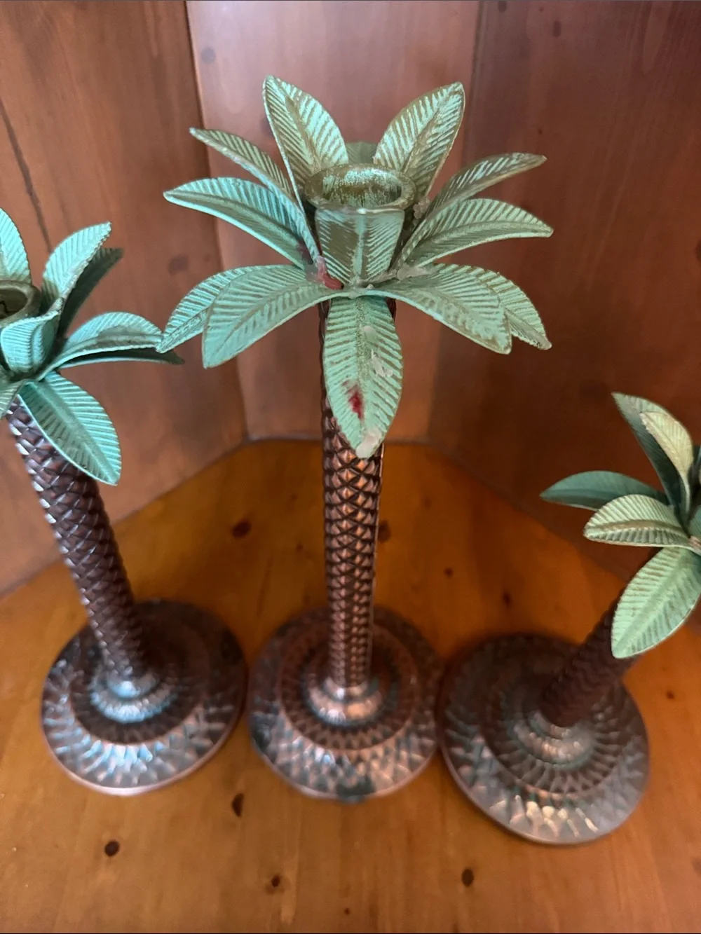 Vintage Metal Palm Tree Candlestick Taper Holders - Graduated Set of 3